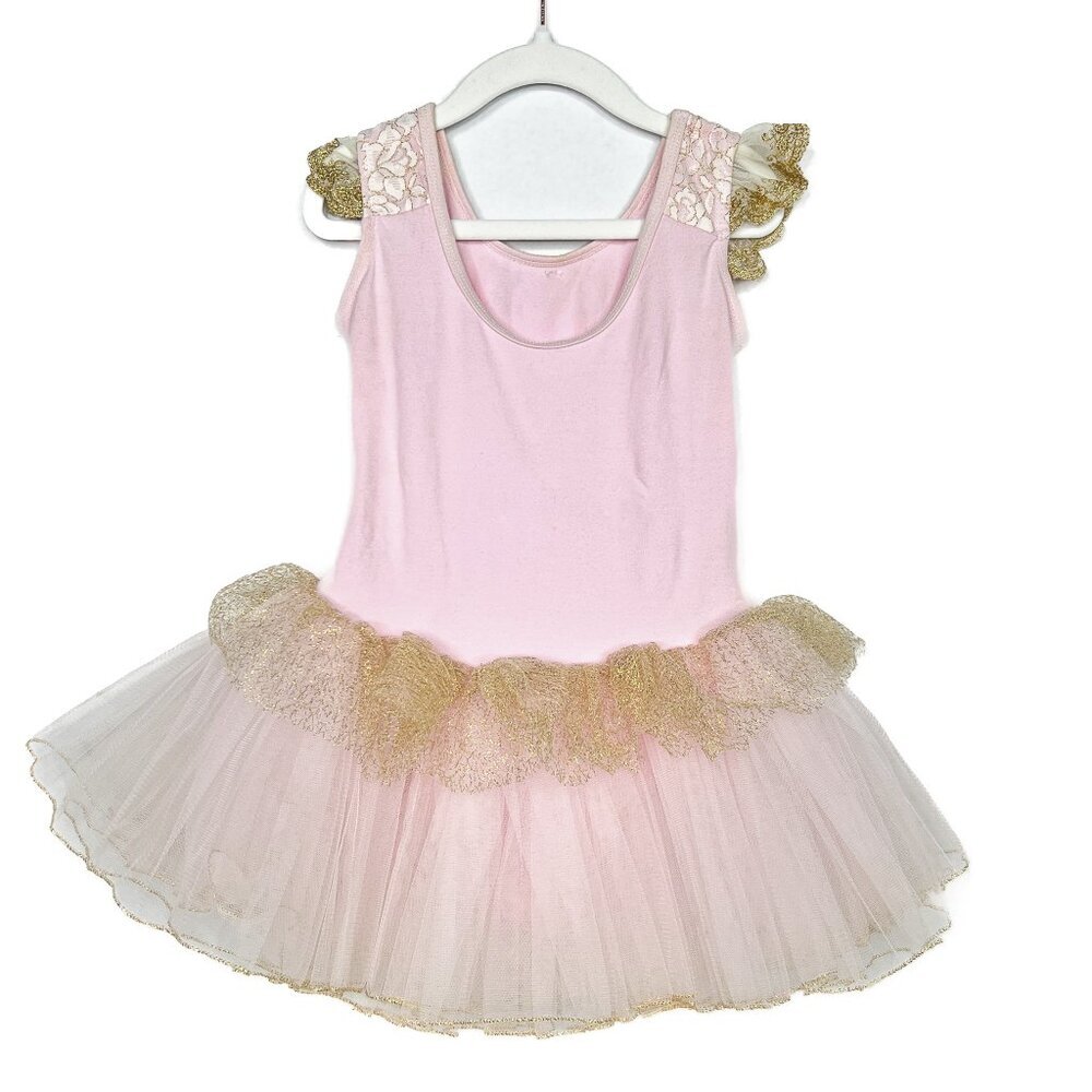 Petal Pink Princess Leo Gold Floral Lace Tule Dance Tutu, Flutter Sleeves‎ Sz XL - Picture 2 of 6